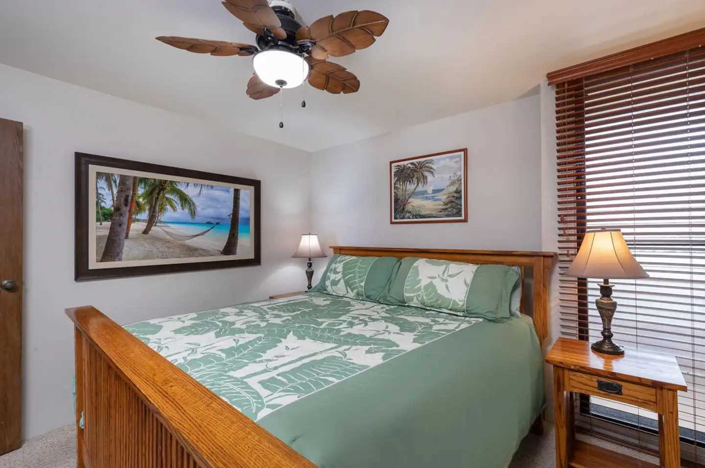 Comfortable newer California King Bed. Ceiling fan and louve