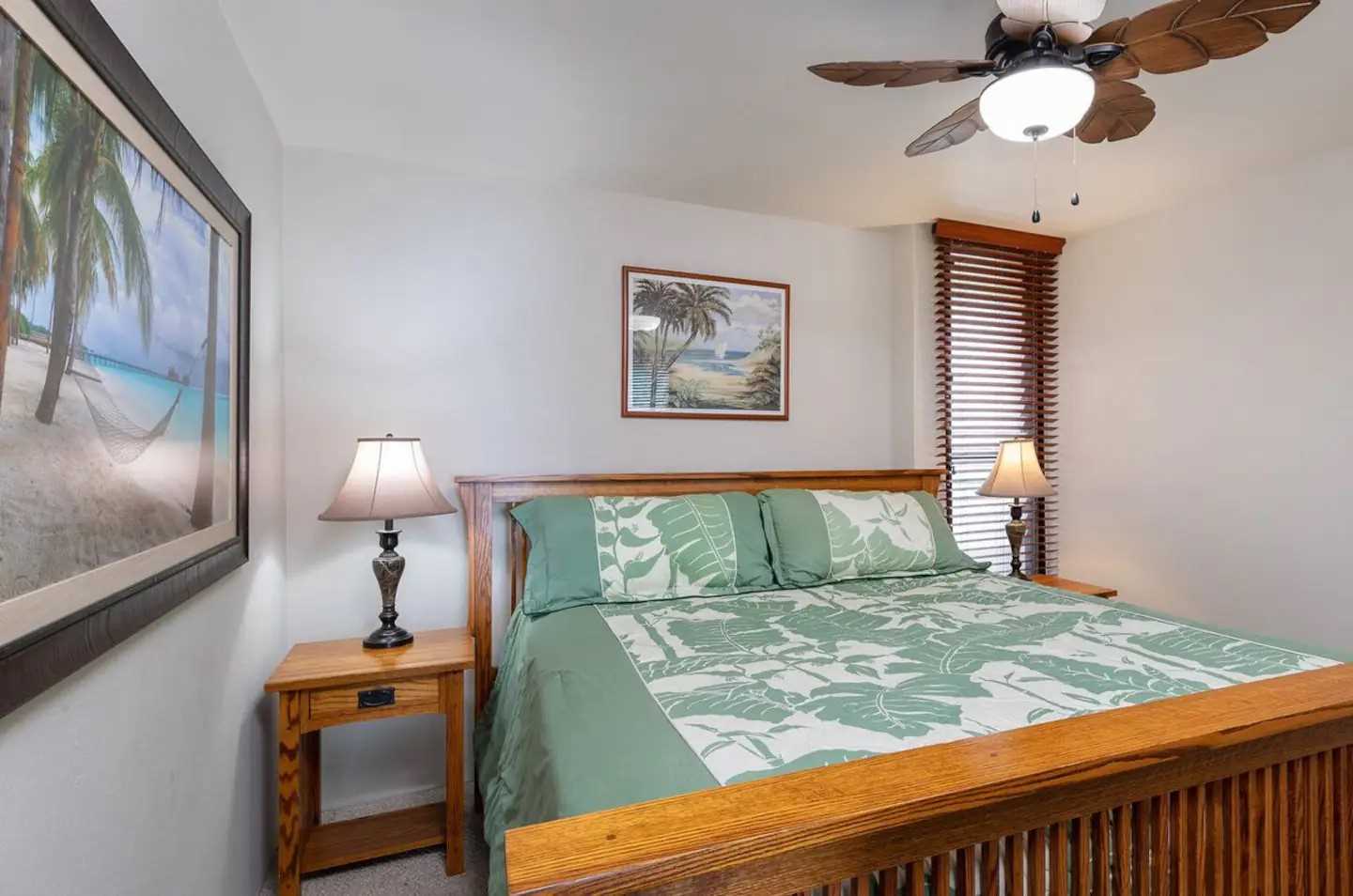 Comfortable newer California King Bed. Ceiling fan and louve