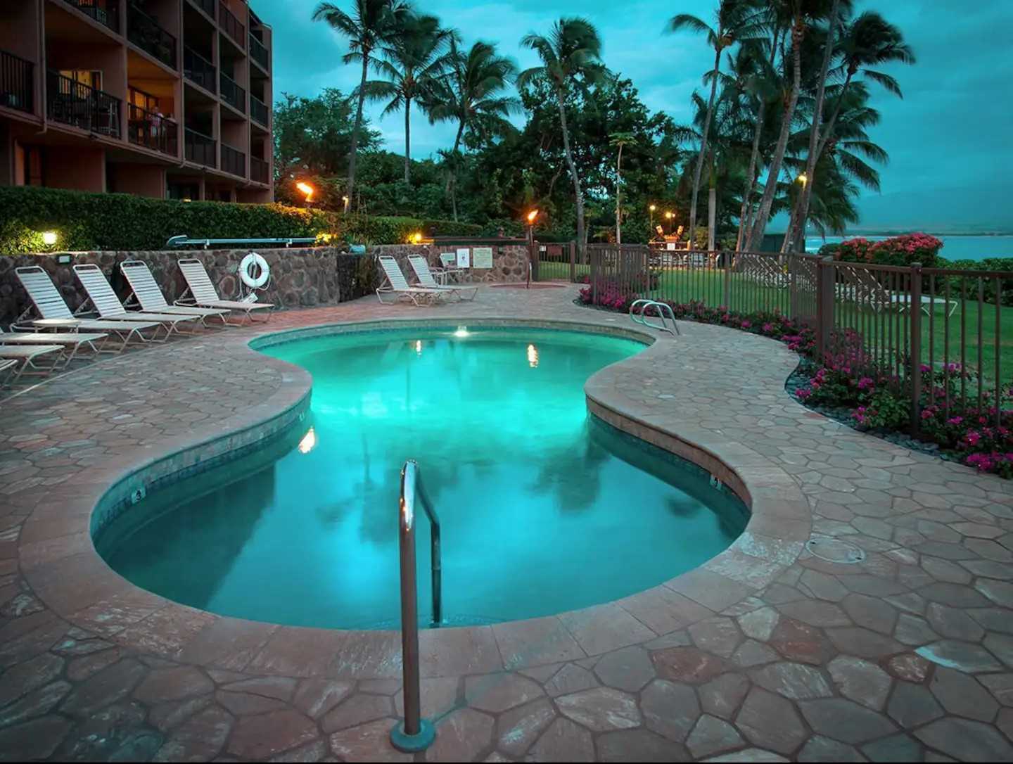 Tiki Pool and Hot tub with garden and ocean views. Pool lit 